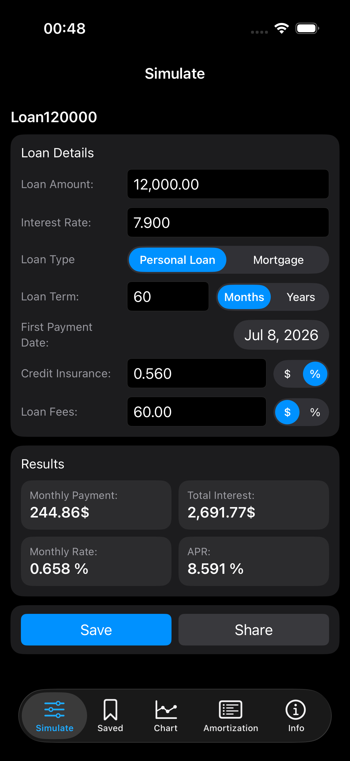 Amortyx simulation screen showing loan amount, rate, duration, insurance, monthly payment and APR